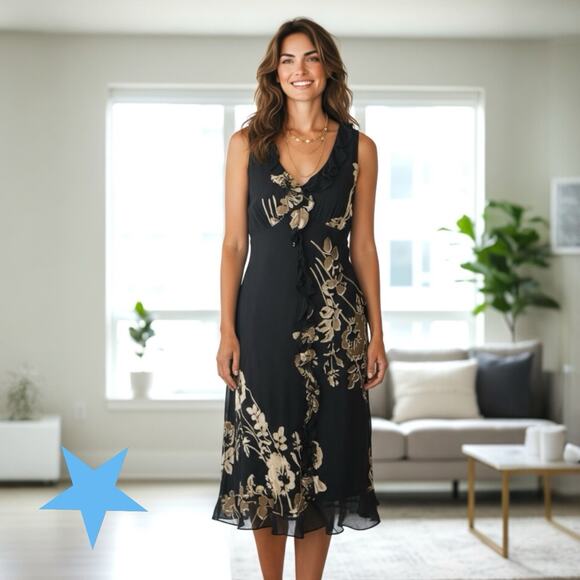 Sue Wong Womens Silk BurnedOut Midi Slip Black Tan dress 90s Y2K Vintage 12 L 10 - Picture 1 of 15